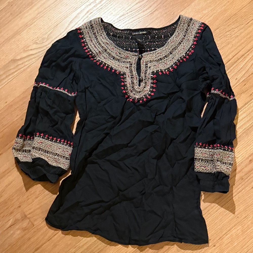 Lucky Brand Black Tunic with Gold and Pink Embroidery